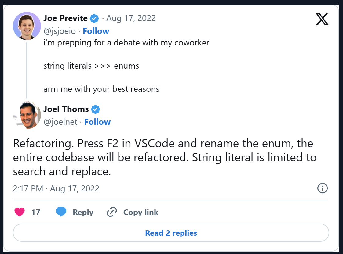 Twitter Post - Enums are easier to refactor